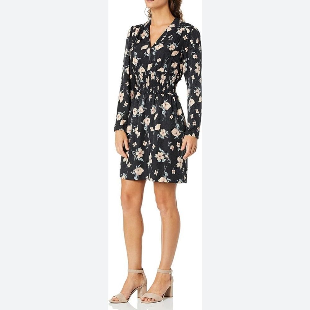 Rebecca Taylor Daniella floral long sleeve v-neck silk dress black